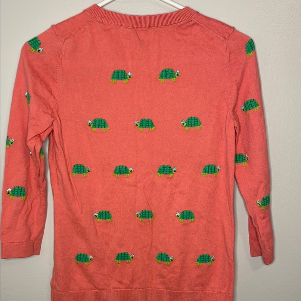 Coral Sweater with Beaded Green Turtle Pattern